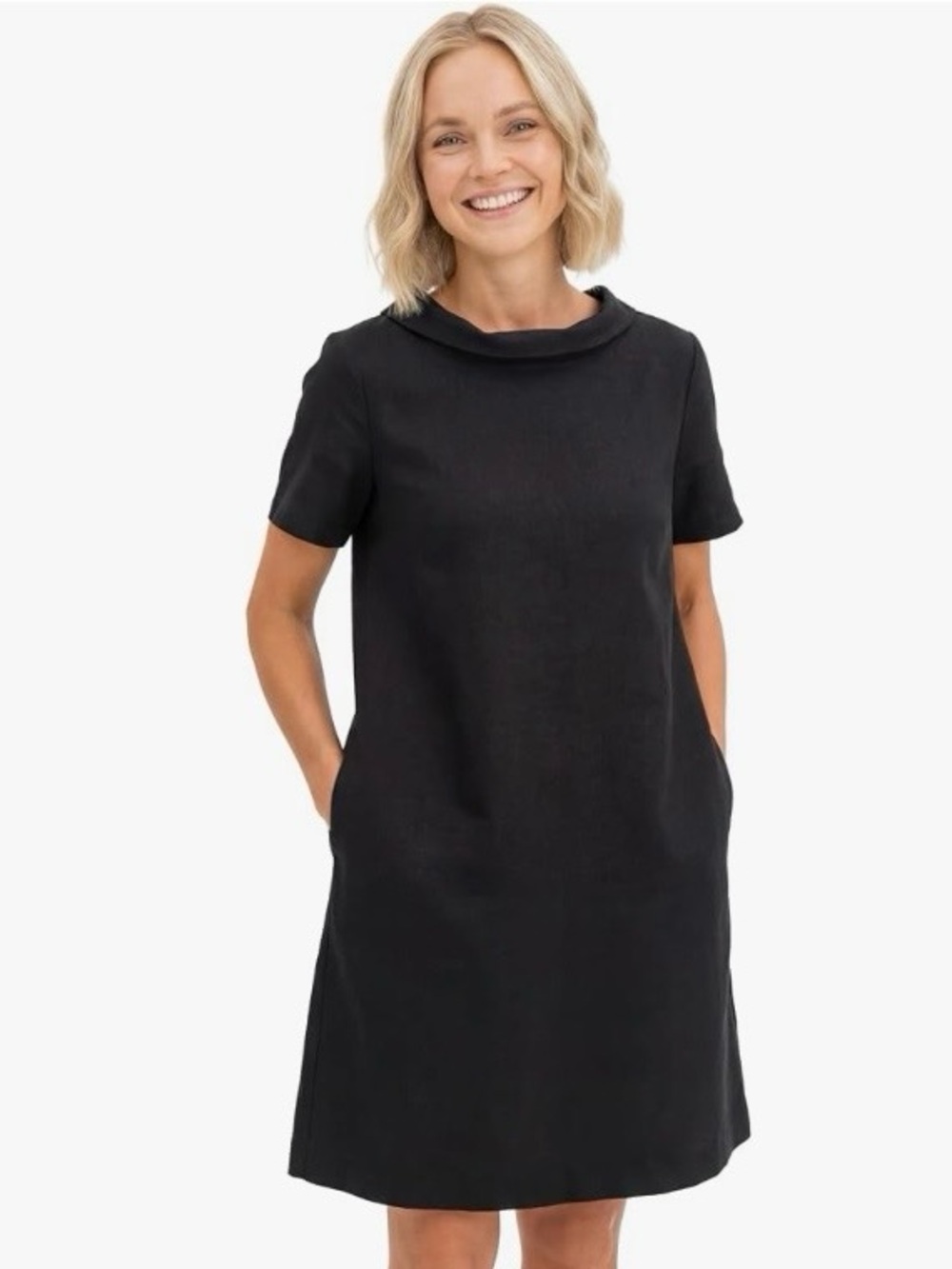 Le Muse Story Bow Collar Linen Dress Size Medium Black Retro Mod Vintage Modest